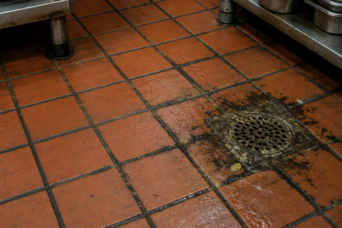 Greasy kitchen quarry tile with black grout lines